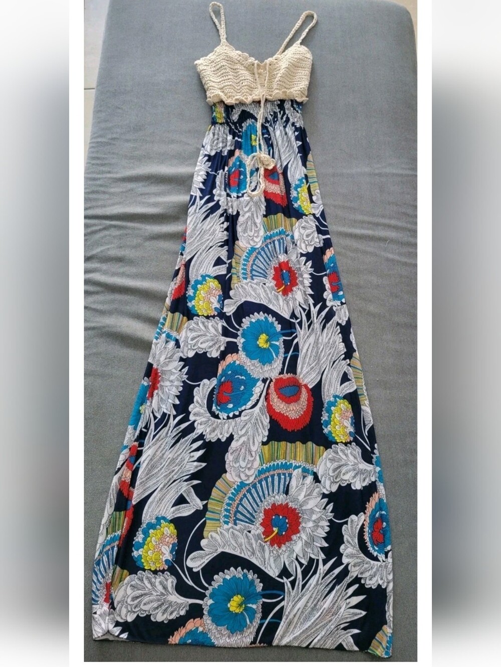 Crochet Maxi Sun Dress Tan Blue Empire Waist Cottagecore Boho Festival Fairy M - Picture 2 of 7